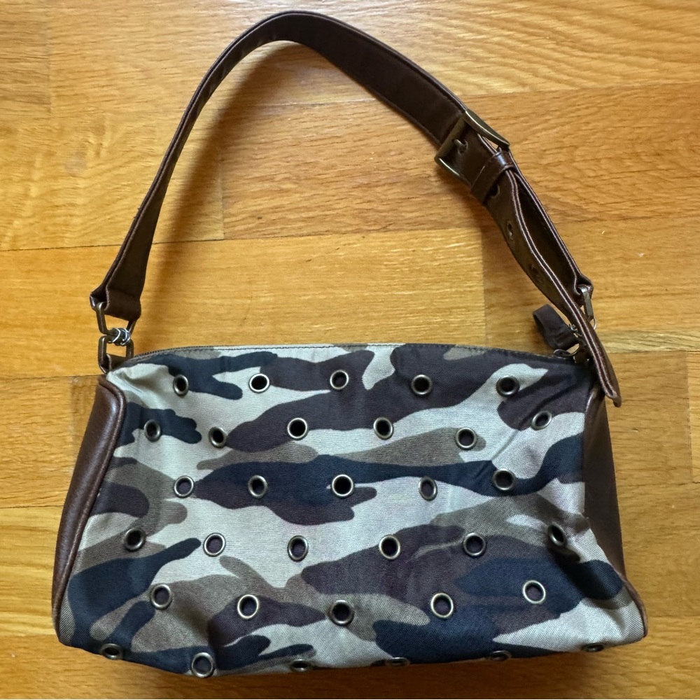 NINE WEST Camo Print Studded Shoulder Bag With Brown Belted Strap